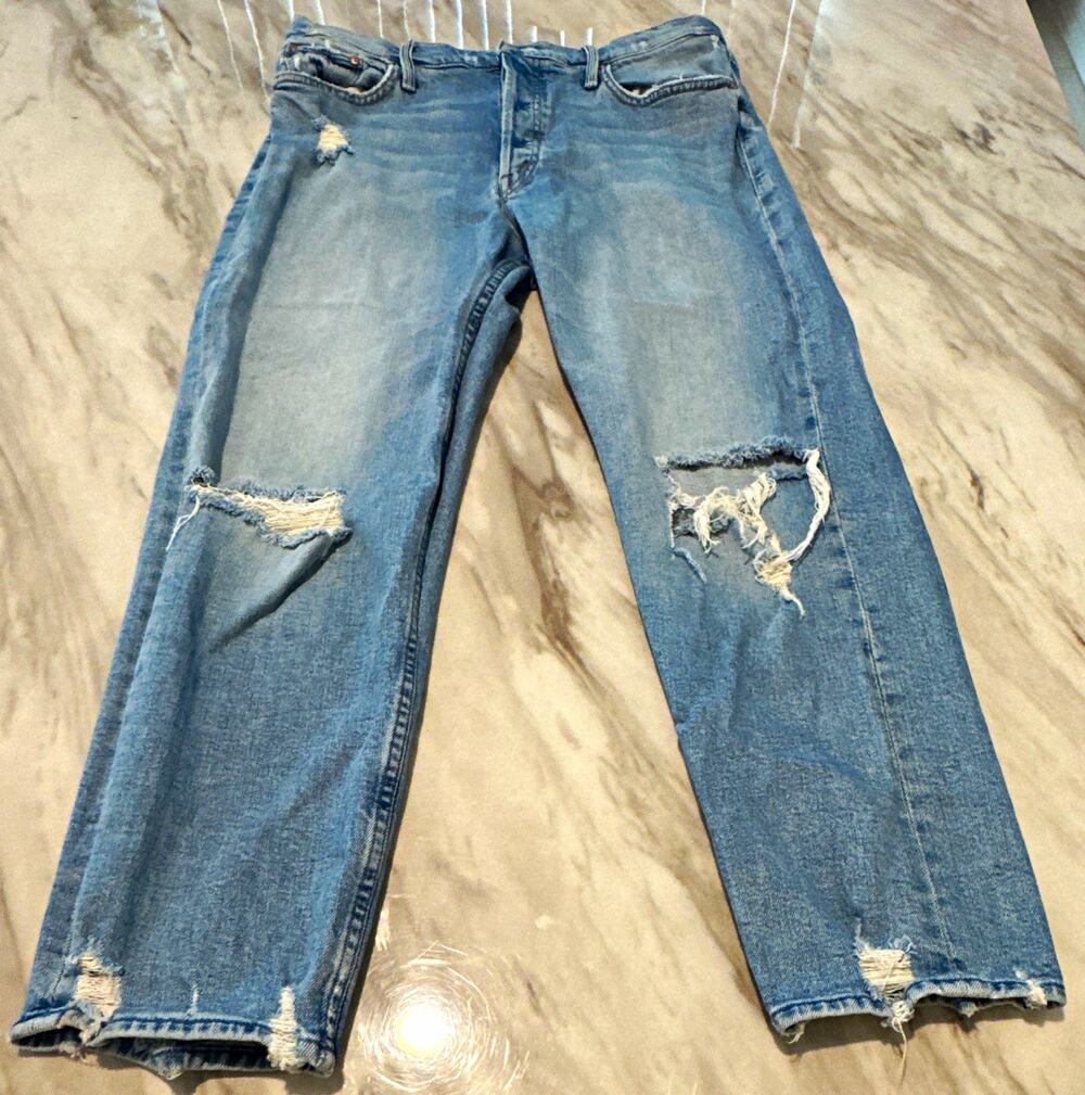 MOTHER Women’s Straight Leg Jeans Light Wash Distressed Blue Denim size 33 0226
